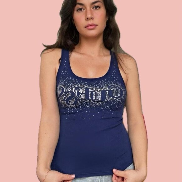 Y2K Guess Rhinestone Logo Tank – Navy Blue – Size M - Picture 1 of 8